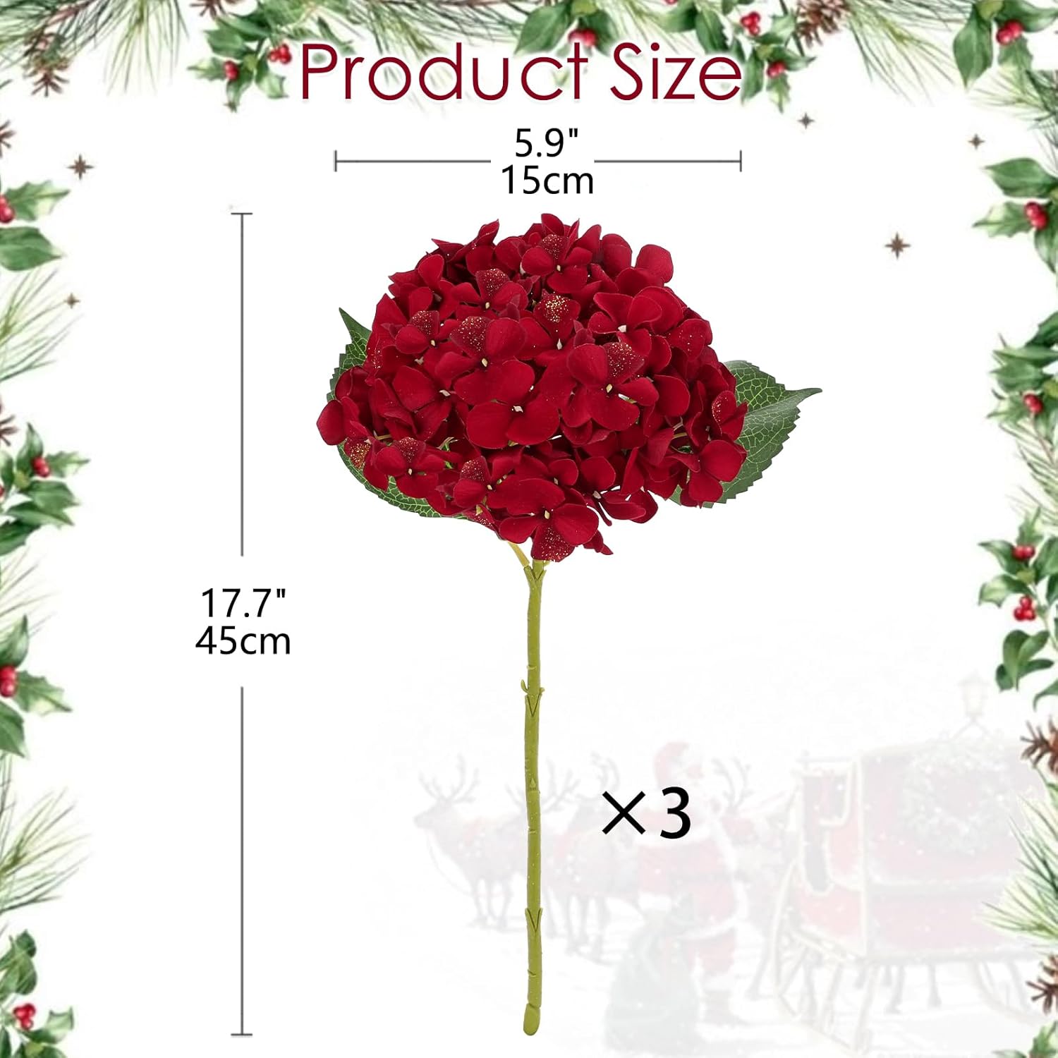 3Pcs Christmas Red Hydrangea Artificial Flowers 6Inch Burgundy Hydrangeas Glitter Faux Hydrangea Flowers With Stems Fake Flower Arrangements Bouquets Floral Wedding Xmas Home Decor Small