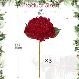 3Pcs Christmas Red Hydrangea Artificial Flowers 6Inch Burgundy Hydrangeas Glitter Faux Hydrangea Flowers With Stems Fake Flower Arrangements Bouquets Floral Wedding Xmas Home Decor Small