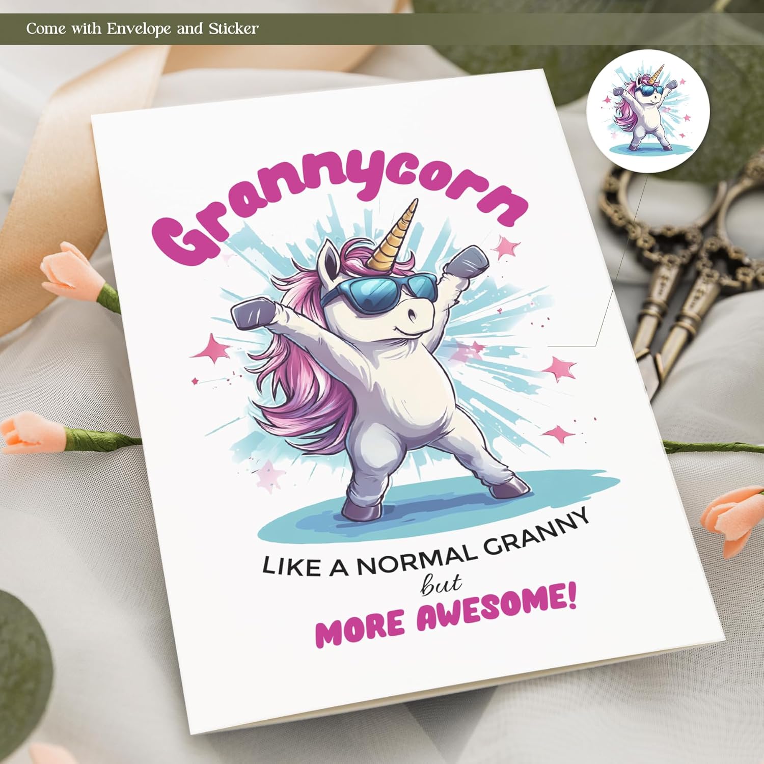 Funny Grandma Birthday Card For Granny, Cool Greeting Cards For Grandma Birthday, Envelope And Sticker