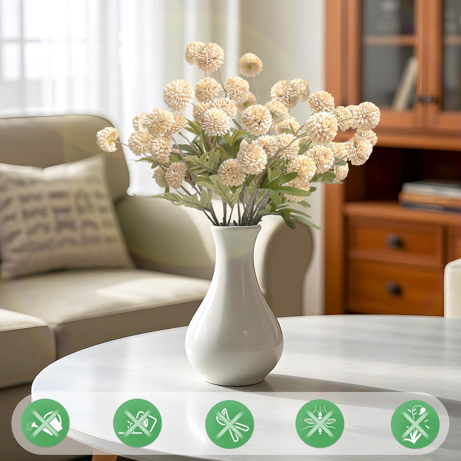 10 Pcs Artificial Flowers Pompon Mum Fake Flowers, Faux Small Mini Chrysanthemum Flowers, Realistic Faux Flowers For Room Decor Aesthetic, Living Room Farmhouse House Decor, Beige