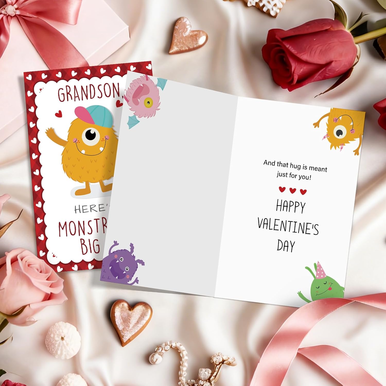 Funny Grandson Valentine'S Day Card Gift, Cute Monster Valentines Card For Grandson, Here'S A Monstrously Big Hug