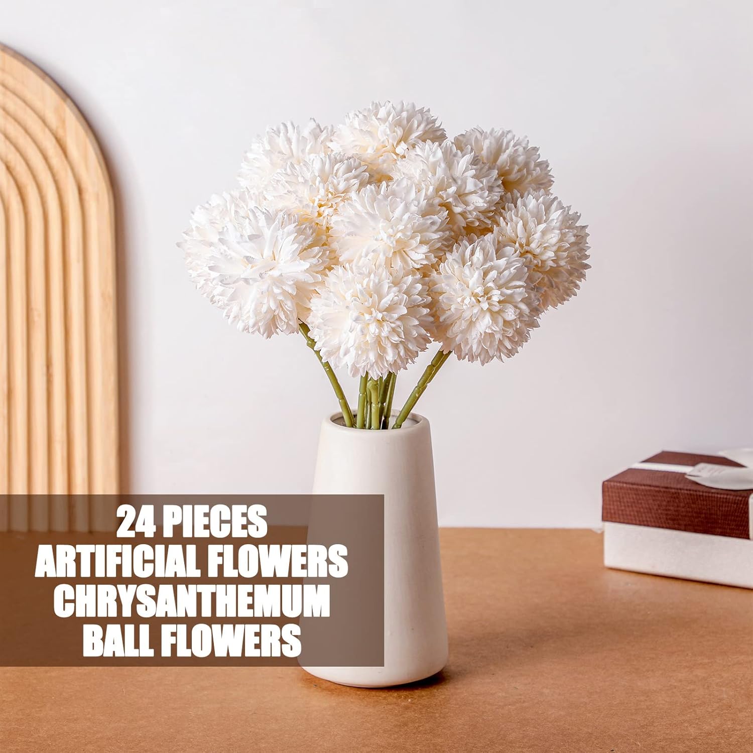 24 Pcs Chrysanthemum Flowers Artificial Ball Flowers Bouquet Long Stem Floral Chrysanthemum Faux Hydrangea Boho Floral Tables Centerpieces For Home Kitchen Wedding Party Decorations(White)