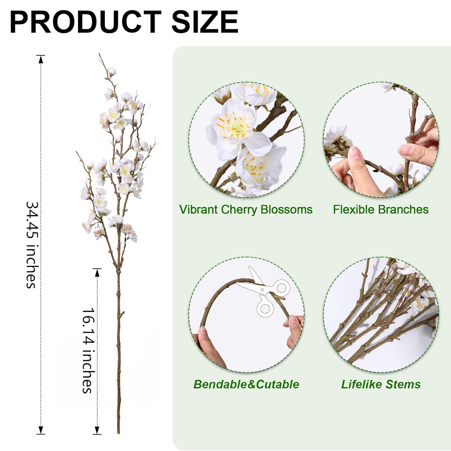 6 Pcs Artificial Cherry Blossom Branches Spring Indoor Decoration, Faux Flowers 34.45" Long Stems Plum Fake Peach Plants Real Touch Silk For Wedding Home Bedroom Party Table Office, White