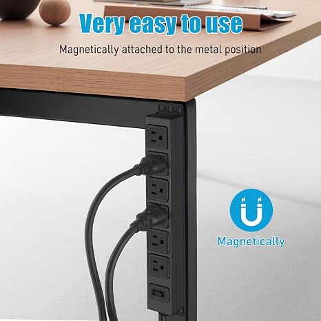 6 Outlet Magnetic Power Strip 14AWG 6 Ft Extension Cord Heavy Duty Black