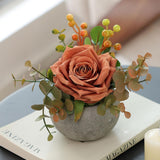 Diy Small Artificial Flowers Potted Kit Fake Flower Realistic Silk Rose And Greenery With Vase For Gifts Table Centerpiece Mantle Office Desk Shelves Living Room Decorations (Orange)