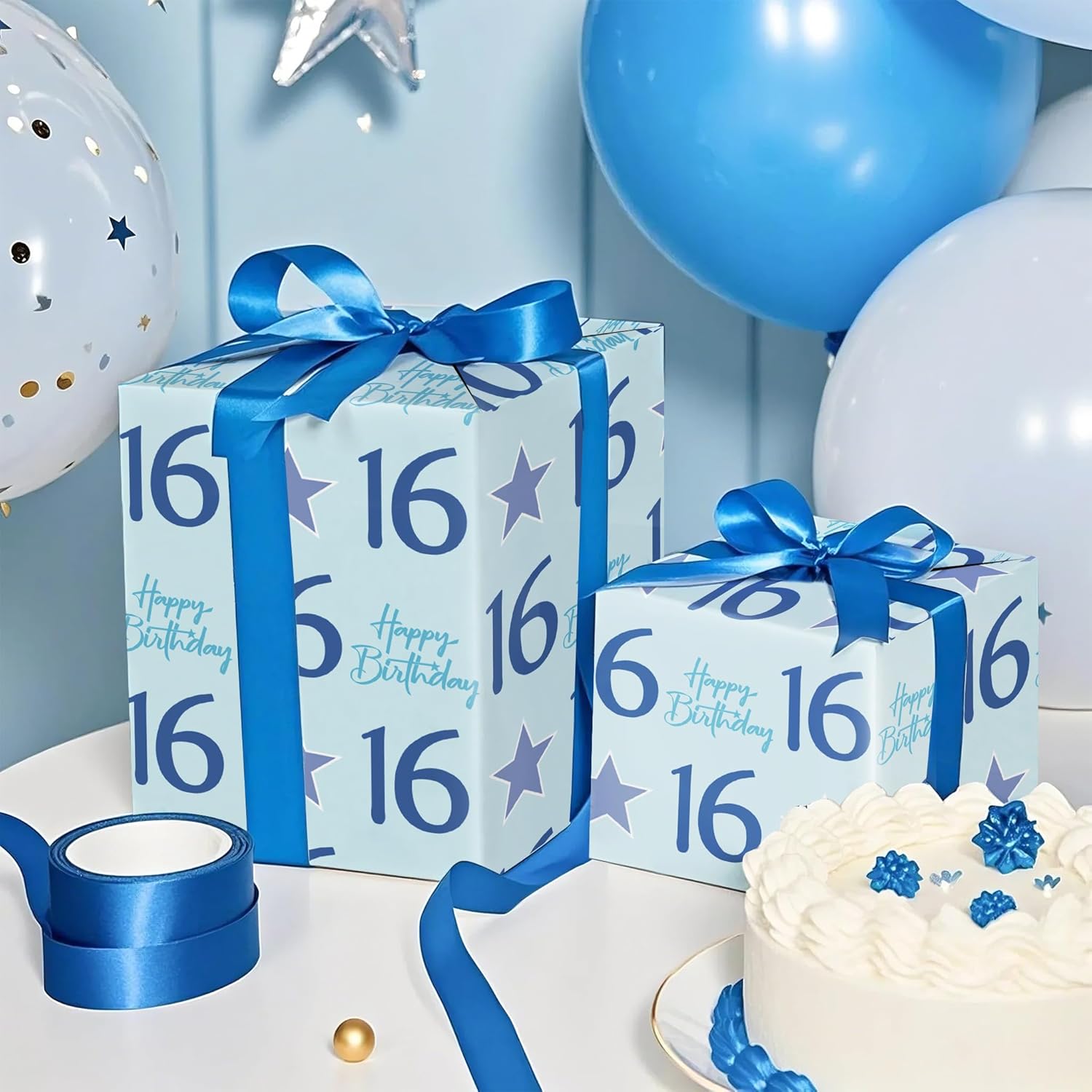 Boy 16Th Birthday Wrapping Paper - Mini Roll - 17 Inch X 16.5 Feet - Teen Boy Blue Stars With 16 Happy Birthday Design Perfect For Party, Holiday