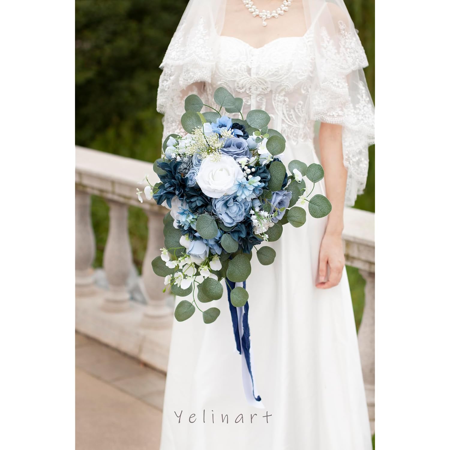 11 Inch Dusty Blue Wedding Bouquets For Bride White Navy Blue Artificial Roses Flower Cascading Bridal Bouquet For Rustic Boho Fall Vintage Wedding Ceremony Party And Anniversary