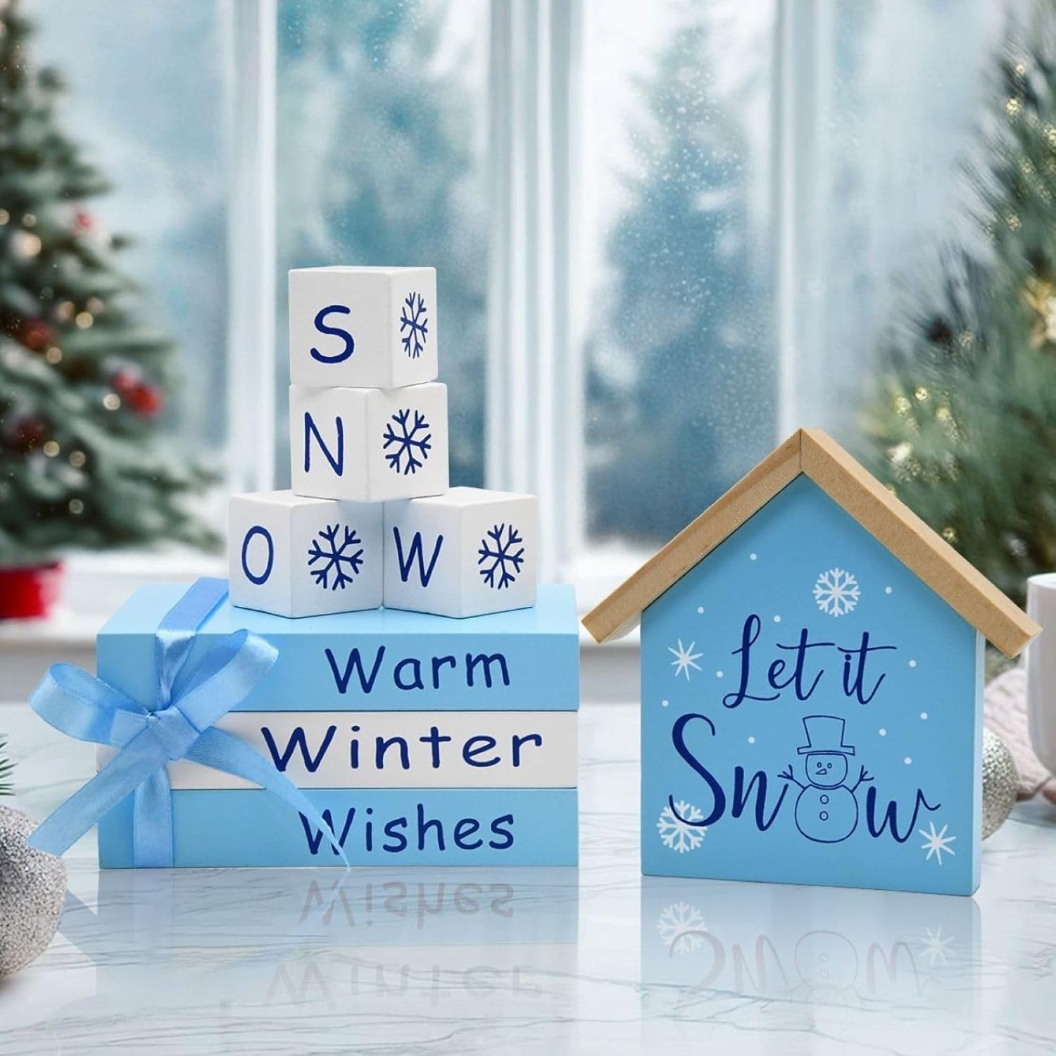Winter Table Decor Wooden Block Sign, Let It Snow Decor Blue Winter Wonderland Centerpieces For Tables, Farmhouse Tiered Tray Decorations