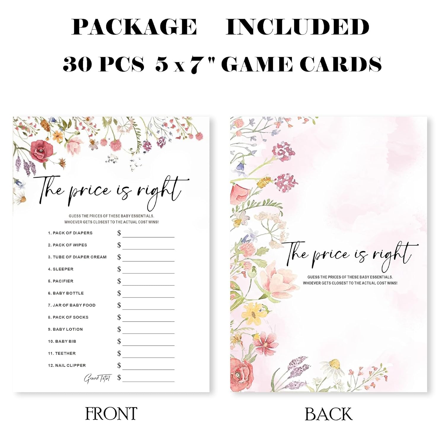 Floral Fill In Baby Shower Game Cards - The Price Is Right Game For Boys & Girls - Watercolor Flowers Baby Announcement Gender Reveal Baby Shower Party Activities For New Parents To Be - B04