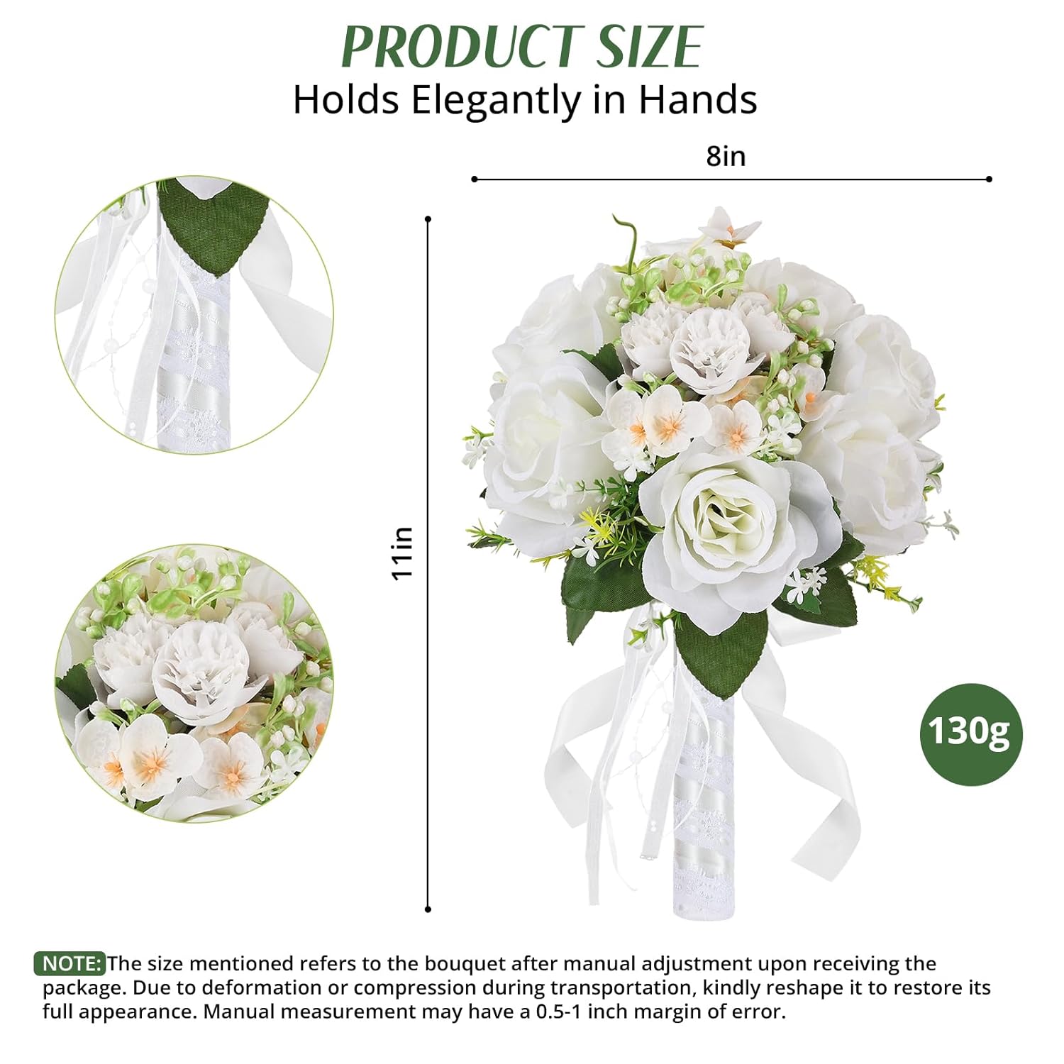 Wedding Bouquet For Bride – 8 Inch Artificial Silk Roses, Realistic Bridal & Bridesmaid Bouquet For Ceremony, Church, Anniversary, And Home Décor (White)