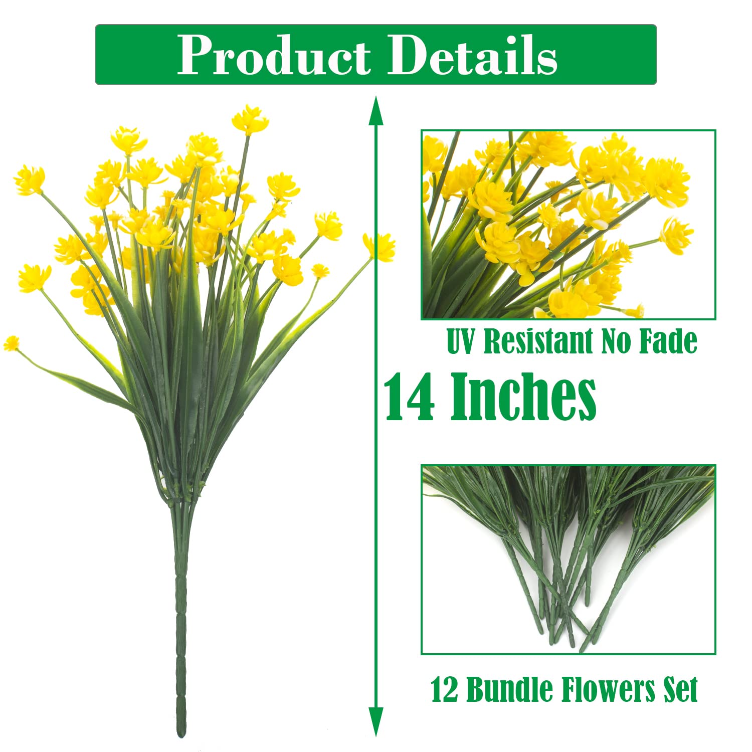 Artificial Fake Flowers, 12 Bundles Outdoor Uv Resistant Greenery Shrubs Plants Indoor Outside Hanging Planter Home Garden Décor (Yellow)