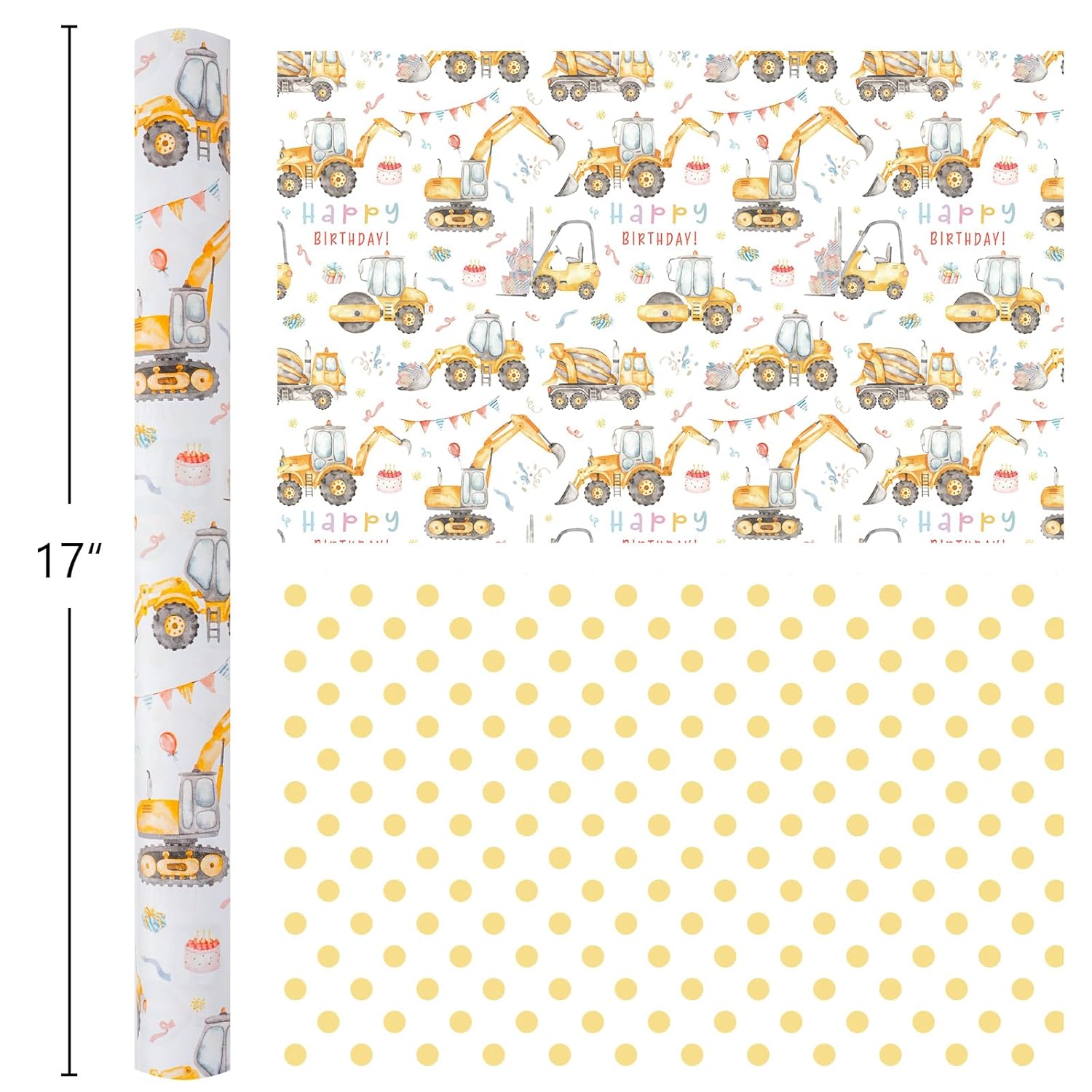 Reversible Construction Birthday Wrapping Paper For Kids - 17 In X 16.4 Ft(23.3 Sqft) - Reversible Gift Wrap Paper With Yellow Truck Excavator Digger For Kids Boys Birthday, Baby Shower, Christmas