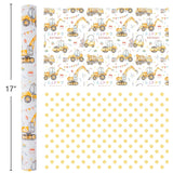 Reversible Construction Birthday Wrapping Paper For Kids - 17 In X 16.4 Ft(23.3 Sqft) - Reversible Gift Wrap Paper With Yellow Truck Excavator Digger For Kids Boys Birthday, Baby Shower, Christmas