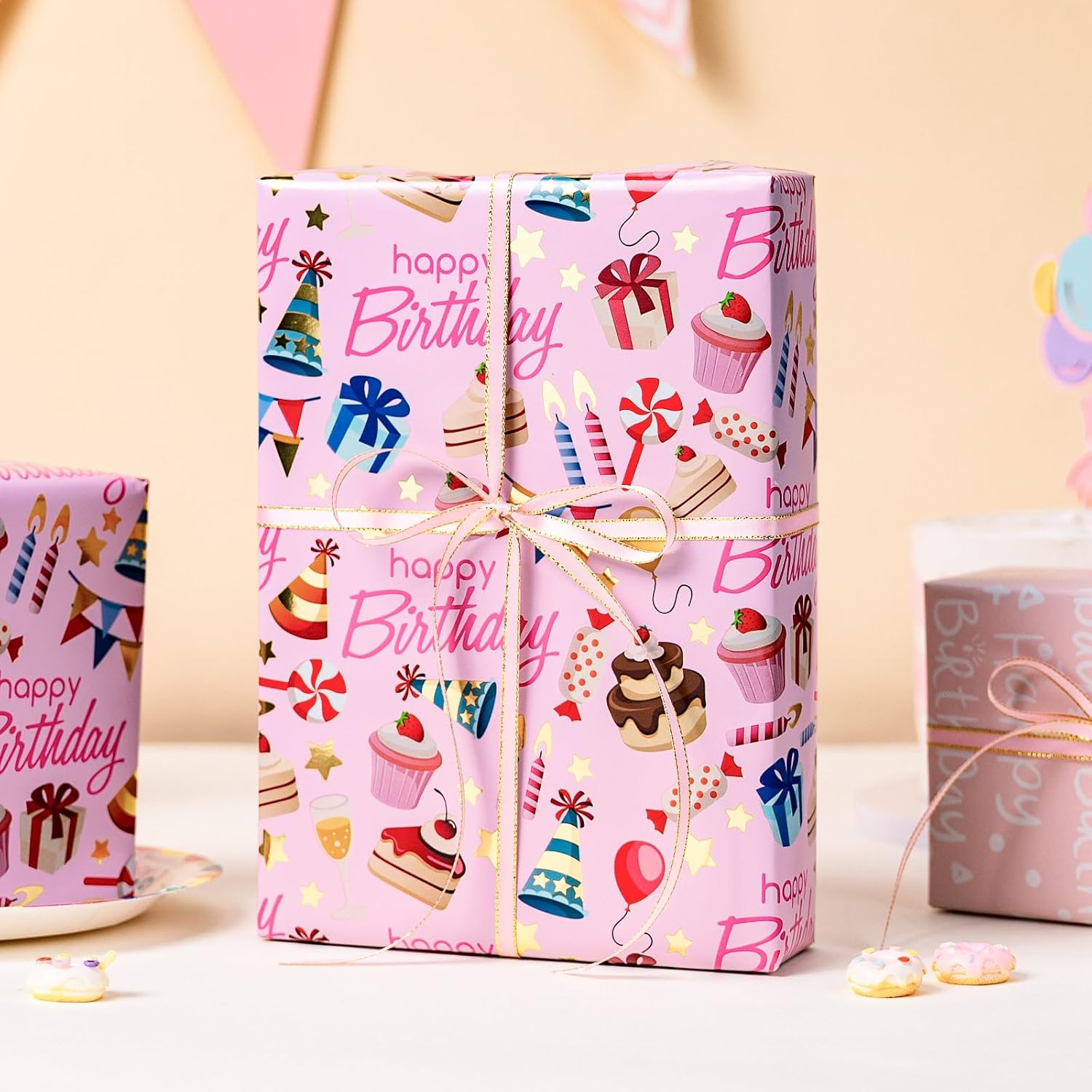Pink Wrapping Paper, Reversible Happy Birthday Letterings & Festive Party Icons Gift Wrap For Girls, Birthday, Baby Shower, Party (17 Inch X 16.5 Feet)