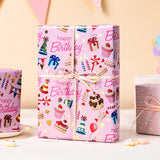 Pink Wrapping Paper, Reversible Happy Birthday Letterings & Festive Party Icons Gift Wrap For Girls, Birthday, Baby Shower, Party (17 Inch X 16.5 Feet)