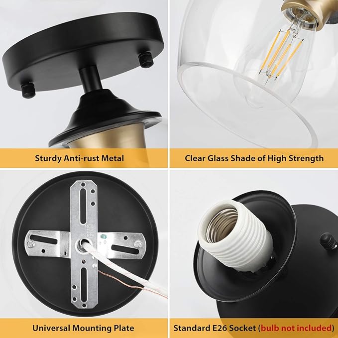11.81 Inch Wood Black LED Ceiling Light Low Profile Flush Mount Fixture