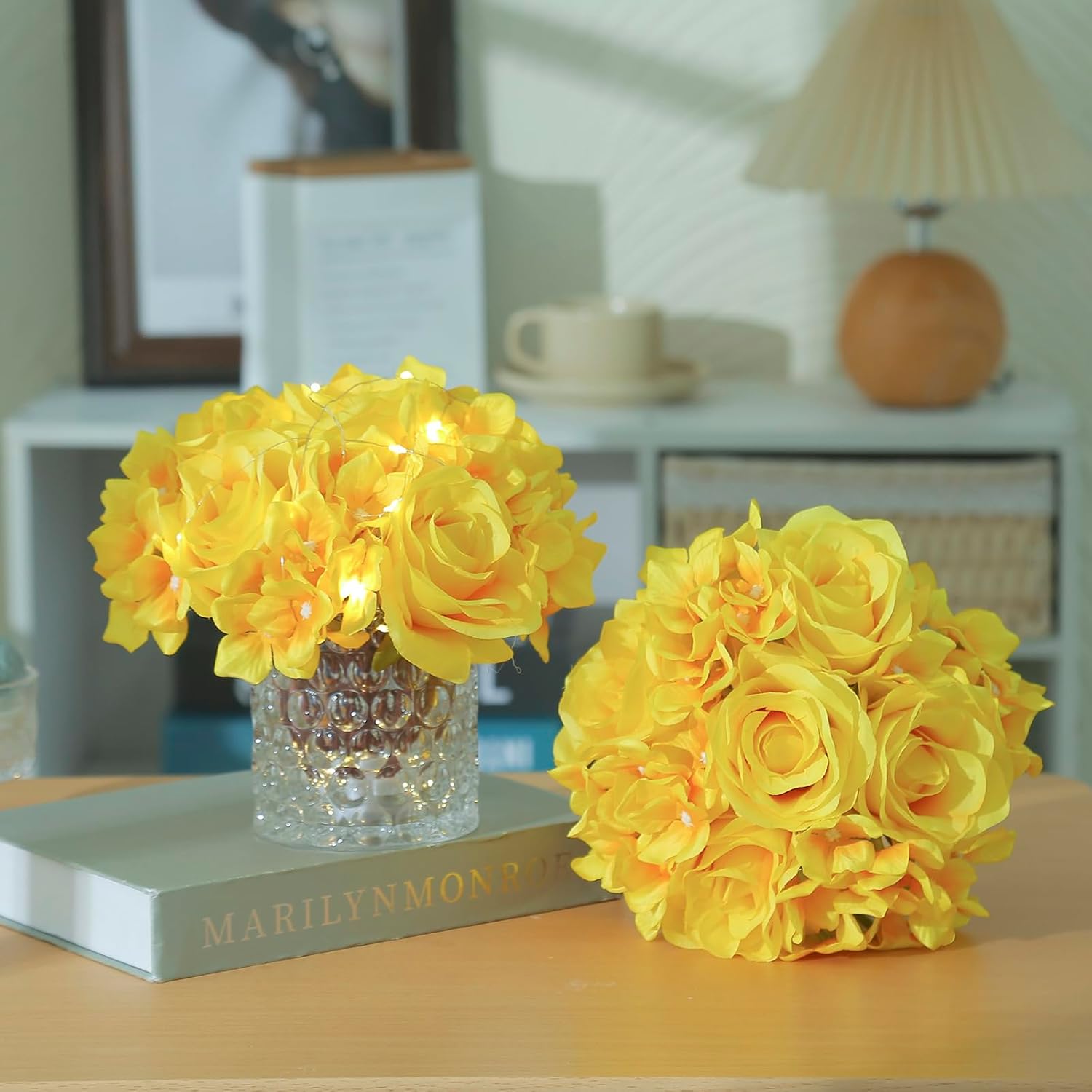 Rose Silk Flower Arrangement Artificial Vivid Rose In Glass Vase With Led Light Elegant Centerpiece For Home Wedding Bathroom Table Shelf Decoration (Yellow)