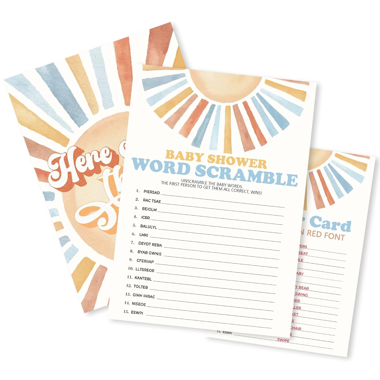 Sunshine Fill In Baby Shower Game Cards - Here Comes The Son - Word Scramble Game For Boys - Baby Announcement Gender Reveal Party Activities For New Parents To Be