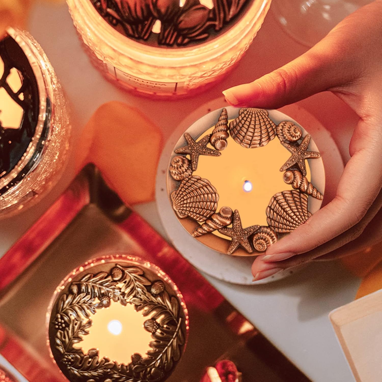 Candle Toppers - Scented Jar Lids, Shades, Sleeves With Shell Starfish Pattern - Accessories For Women, Help Melt Evenly - Gold