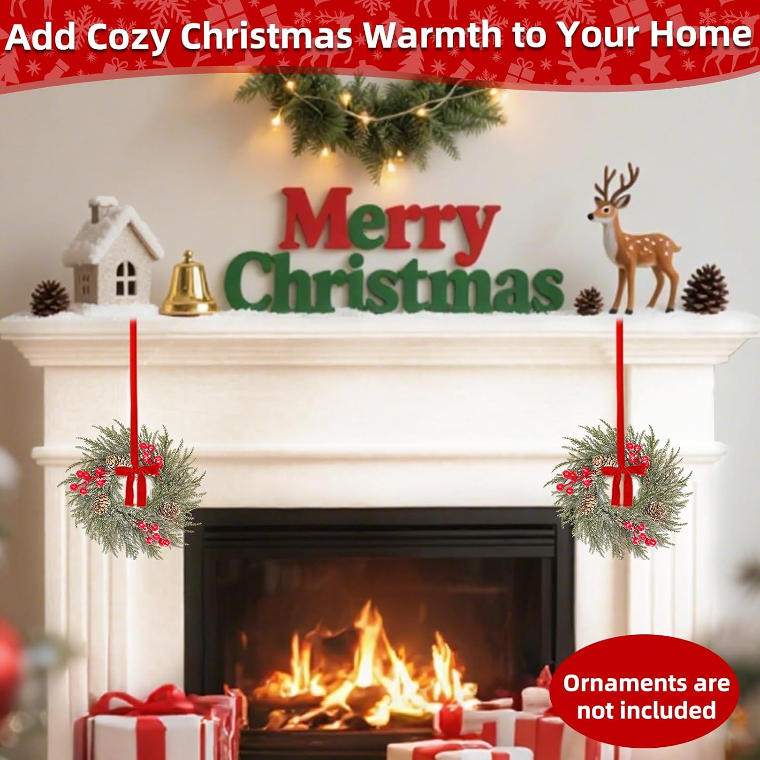 6 Pack Flocked Mini Christmas Wreath Candle Rings – 9"X3.5" Snowy Cypress Wreaths With 20 Branches 21 Red Berries & 3 Pinecones, Small Xmas Candle Wreath Decor For Cabinet Table Centerpiece Holiday