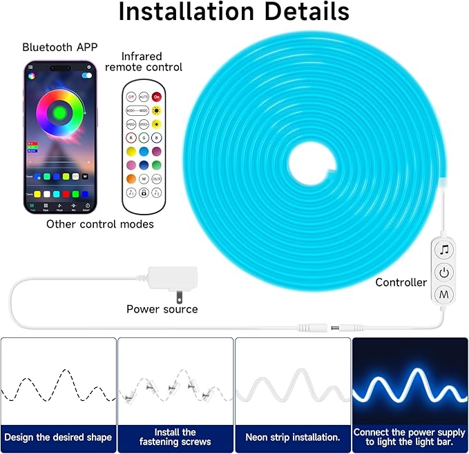 13.1FT RGB LED Neon Rope Lights Music Sync App Remote Control IP67 Waterproof Strip