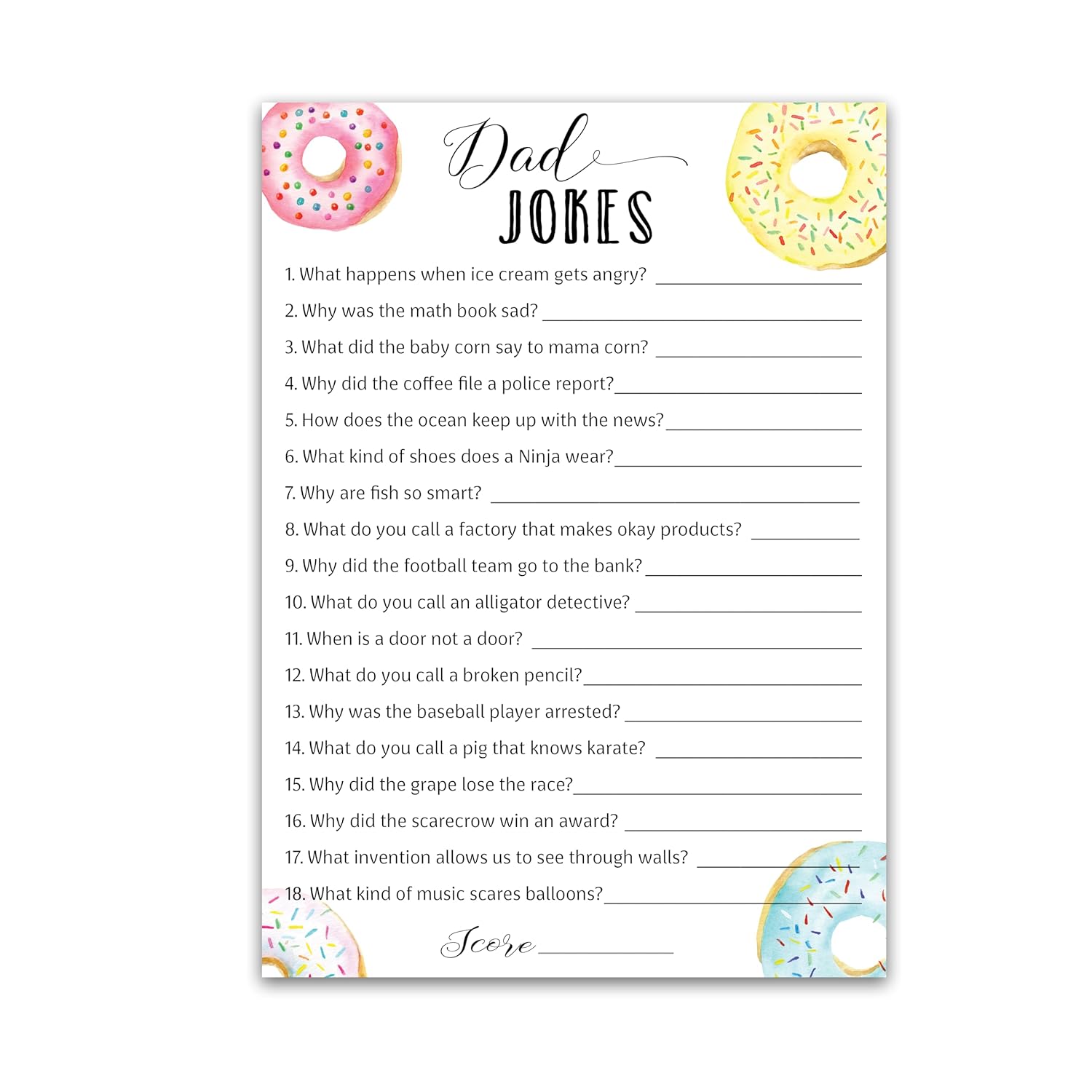 Dad Jokes Baby Shower Games, Donut Theme Daddy Jokes Shower Trivia Games — Pack Of 25 — Fun Dad Joke Game, Doughnut Gender Neutral Girl Or Boy Funny Trivia, Sprinkle, Gender Reveal, Birthday G850-Djk