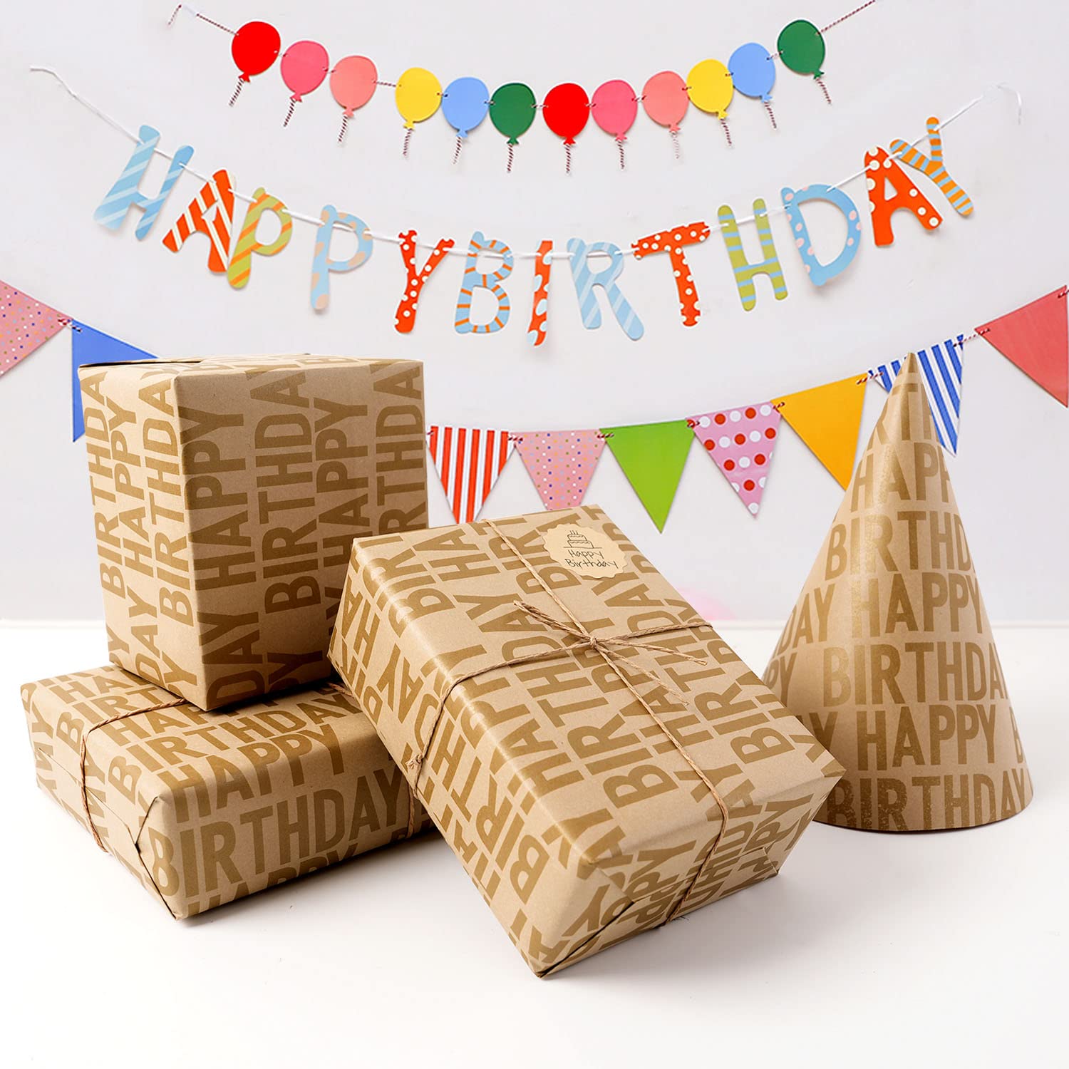 Birthday Wrapping Paper Roll, Brown And Gold Kraft Happy Birthday Wrapping Paper Jumbo Roll, Gift Wrap Paper Set For Men Women Boys Girls, 17Inch × 33Feet