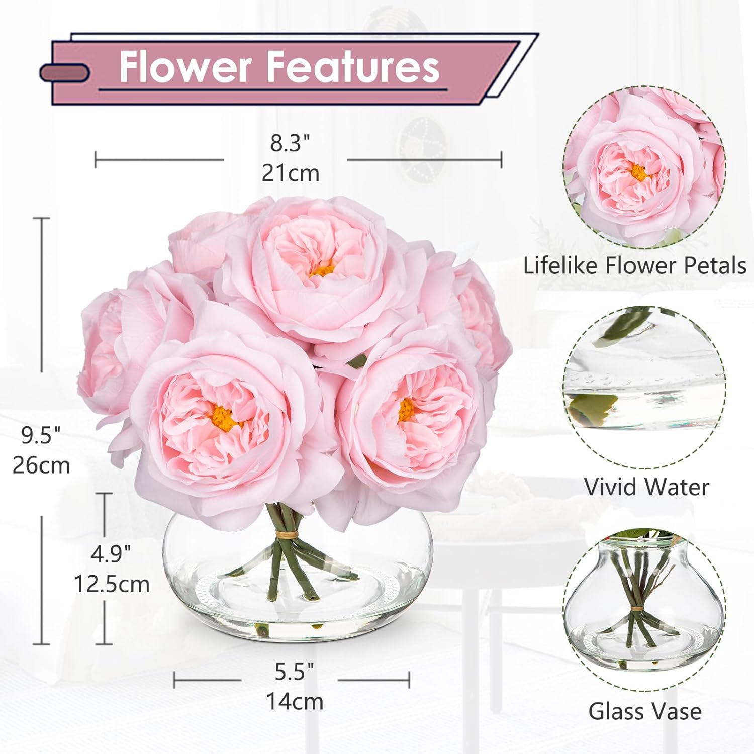 Pink Roses Peonies Artificial Flowers With Glass Vase Silk David Austin Roses Faux Flowers Arrangements With Clear Faux Water In Vase Fake Peonies Rose Peony Floral Bulk Bouquet Home Decor