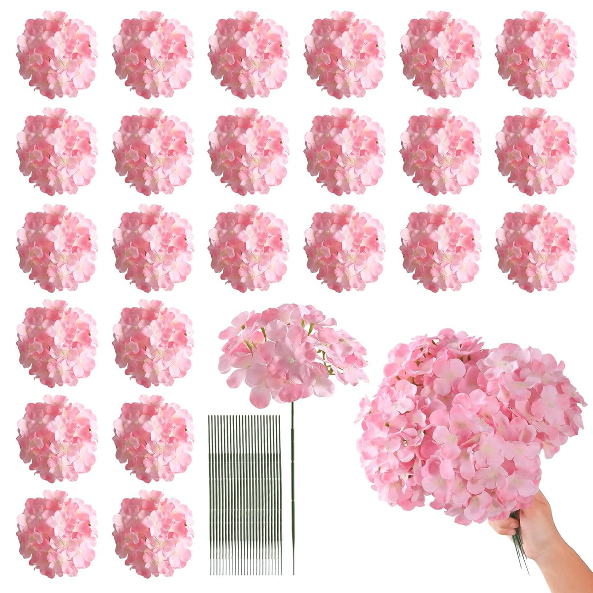 24 Pcs Pink Hydrangea Artificial Flowers Bulk, Faux Hydrangea Full Flowers Heads With Stems, Fake Silk Flowers For Wedding, Garden, Home, Party Decoration