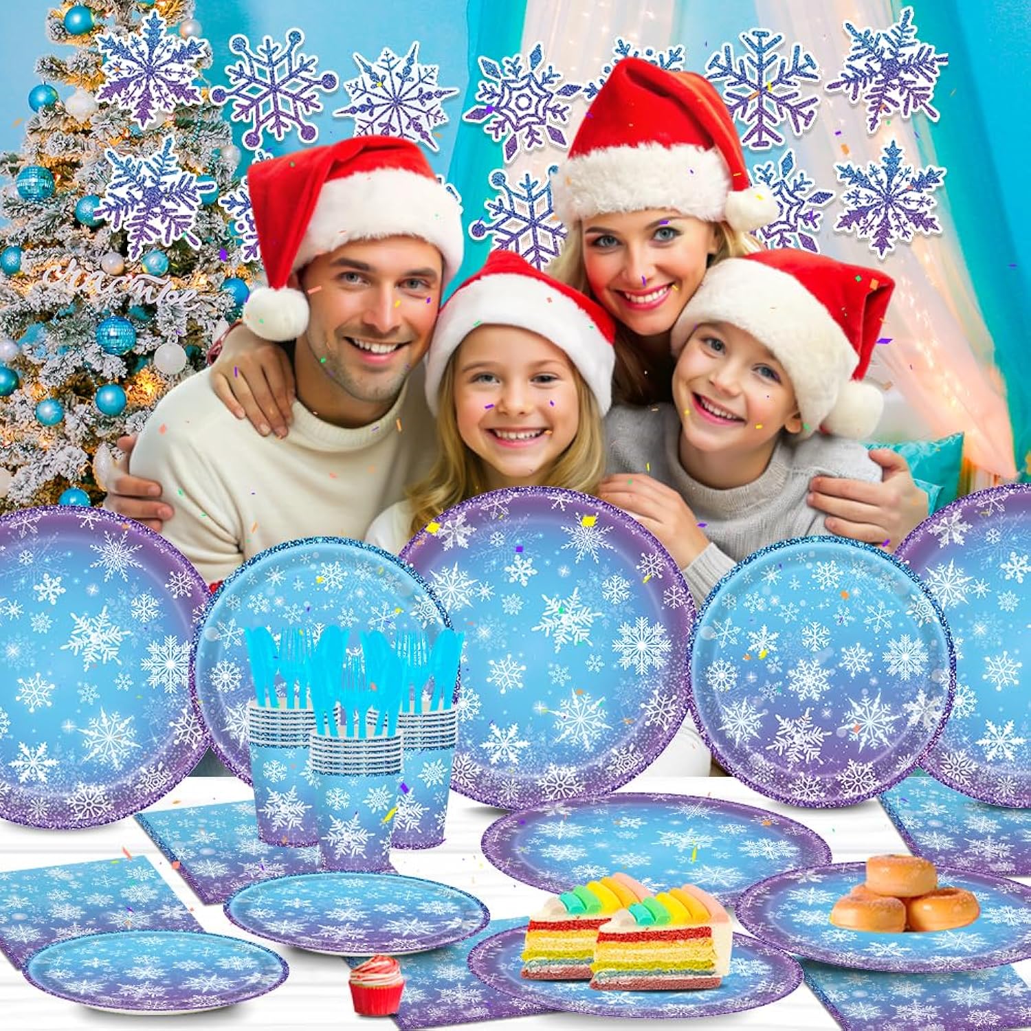 170Pcs Frozen Birthday Party Decorations Purple And Blue Snowflake Winter Wonderland Include Disposable Plates, Cups, Cutlery, Banner, Tablecloth For Christmas Winter Wonderland Decorations