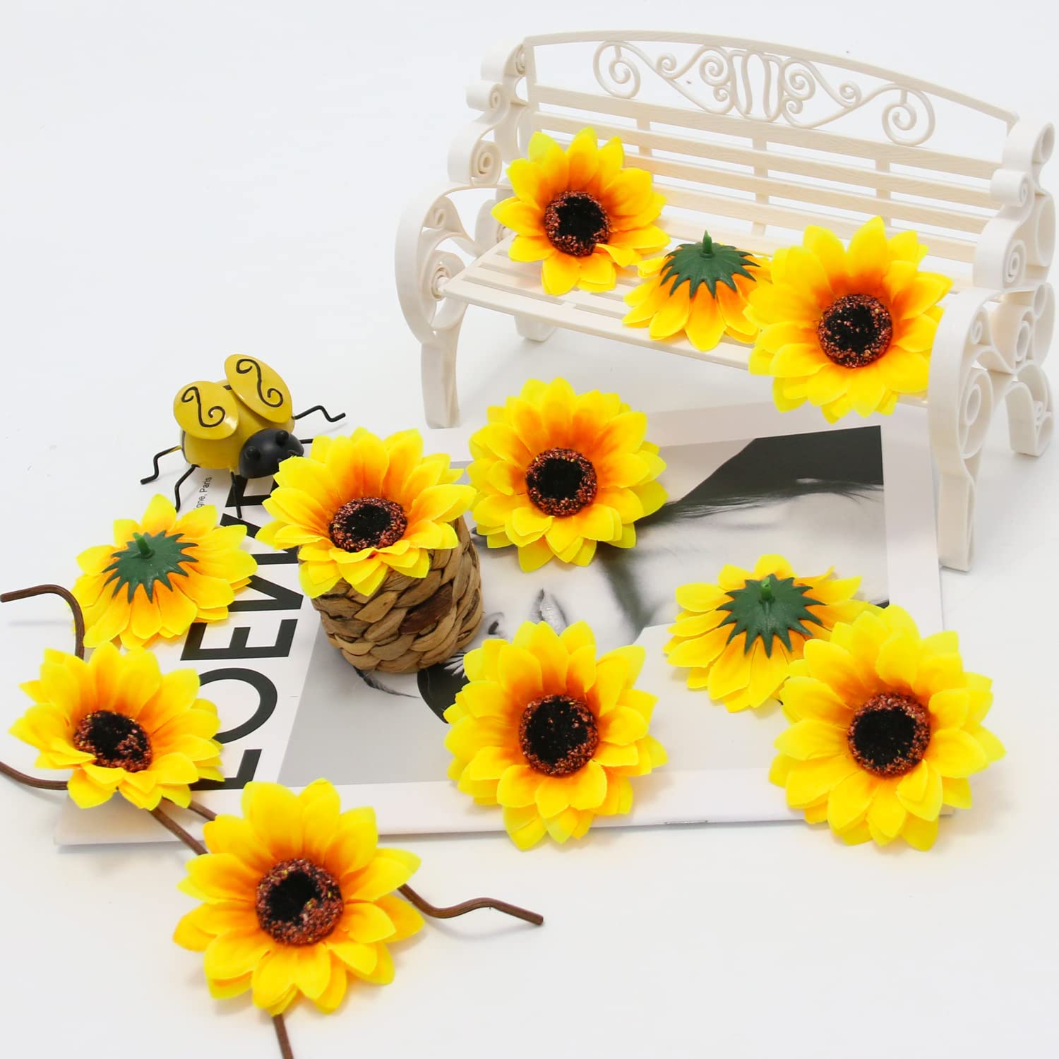 100 Pcs Realistic Sunflowers Artificial Flowers, 2.75 Inch Artificial Silk Sunflower Heads, For Diy Fabric Floral Wedding Home Party Decoration