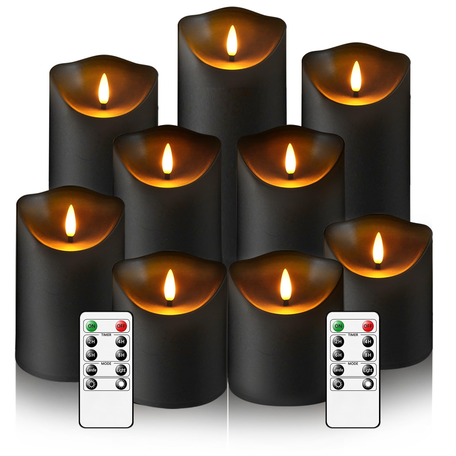 Flameless Candles with Remote Timer, Battery Operated Realistic Flickering LED Candles, 9 Packs Fake Candles for Home Decor (D3 x H 3" 4" 5" 6" 7") (Black)