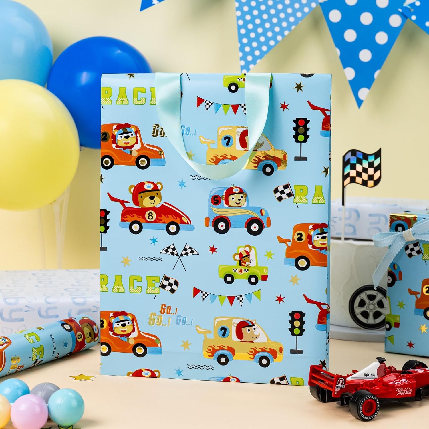 Blue Cars Wrapping Paper Rolls, Reversible Animal Race Car Gift Wrap Paper For Kids And Boys - 17 In X 16.4 Ft(23.3 Sqft) - Perfect For Baby Shower, Birthday, Party