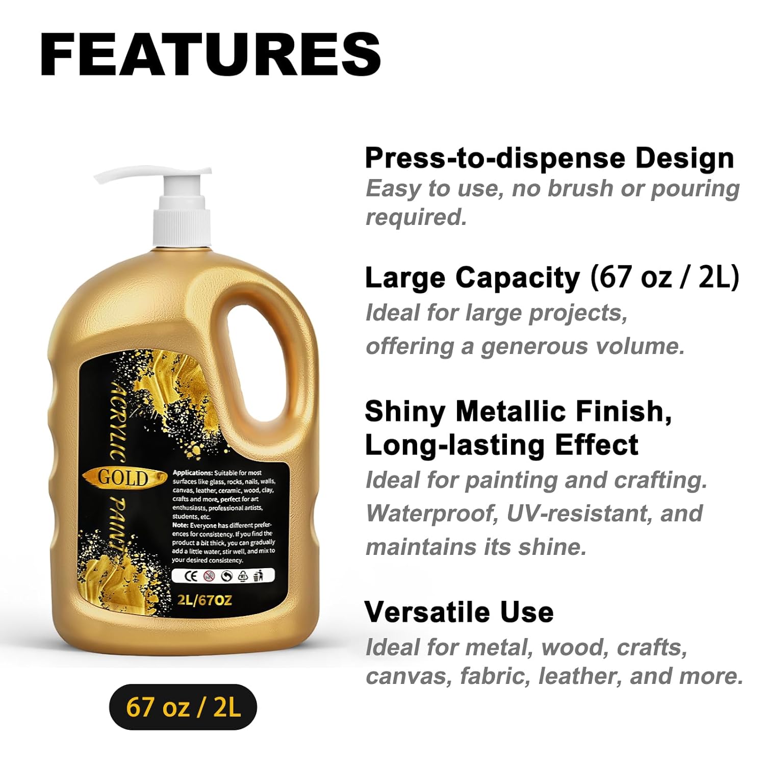 1/2 Gallon (67 Oz) Gold Acrylic Paint Metallic?Extra-Large 2 Quarts Gold Leaf Paint For Art Painting, Hand-Crafts, Non-Toxic, Non-Fading For Canvas, Wood, Fabric, Ceramic, Stone