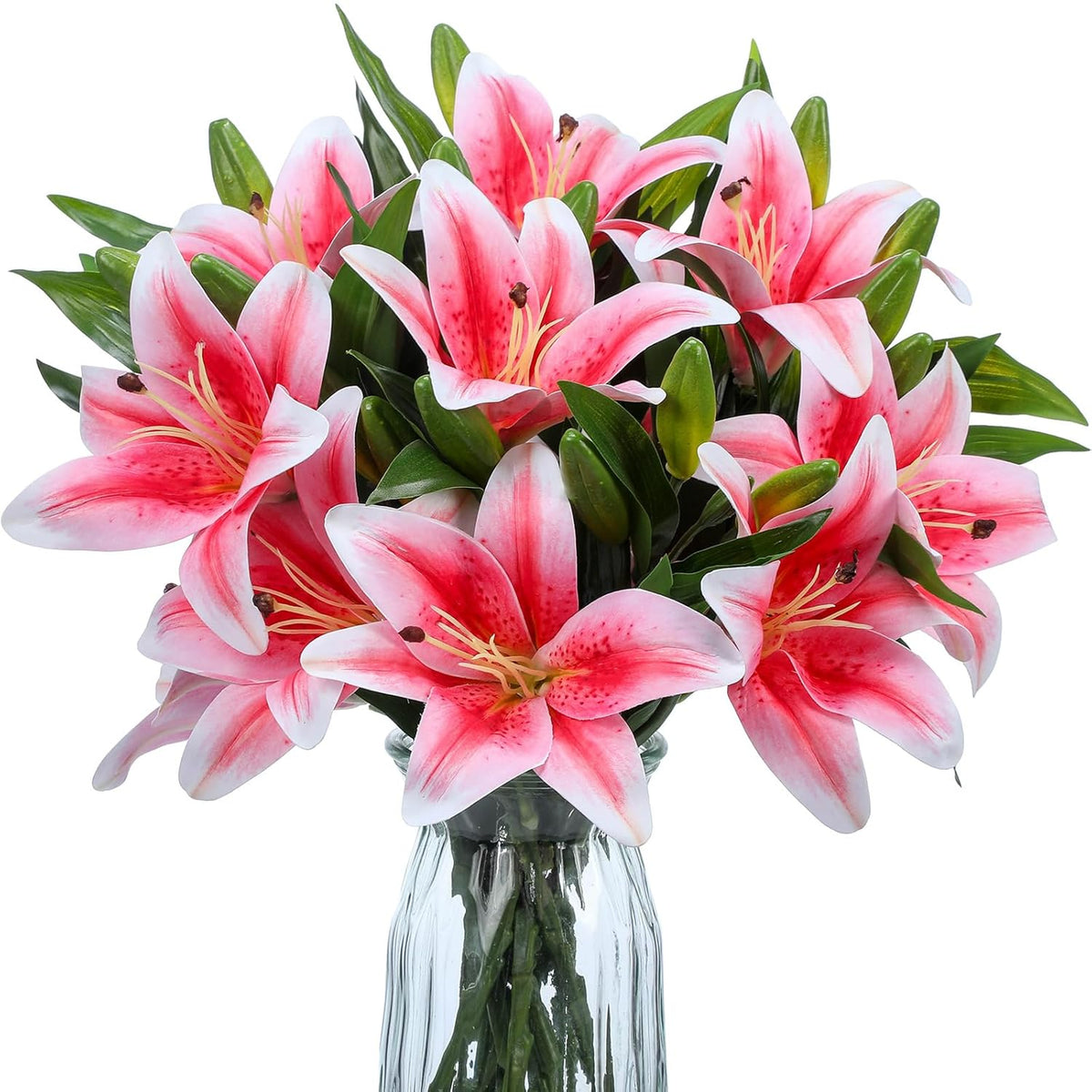 16 Pcs Artificial Tiger Lily Flowers Mother'S Day Real Touch Lily Latex Lilies Flowers Artificial Bouquet Faux Latex With Rods For Home Decoration Birthday(Pink And Green)