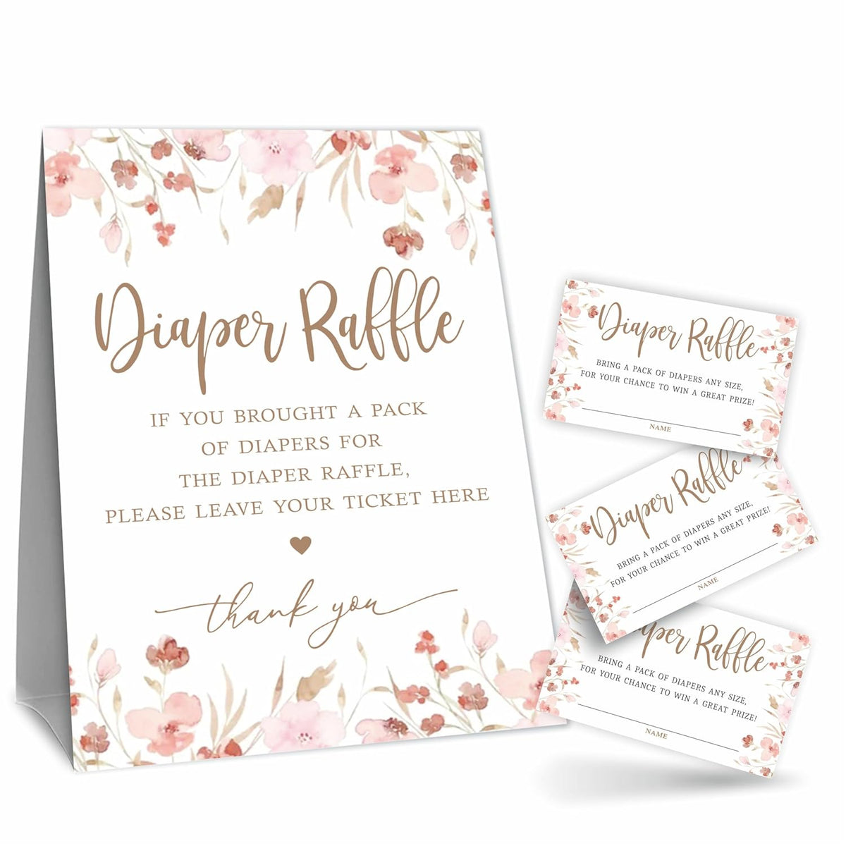 B10 Diaper Raffle Game Kit - Wildflowers Theme - 1 Sign & 50 Tickets, Decoration For Girl'S Baby Shower, Gender Reveal, Baby Announcement, Party Favor & Decorations