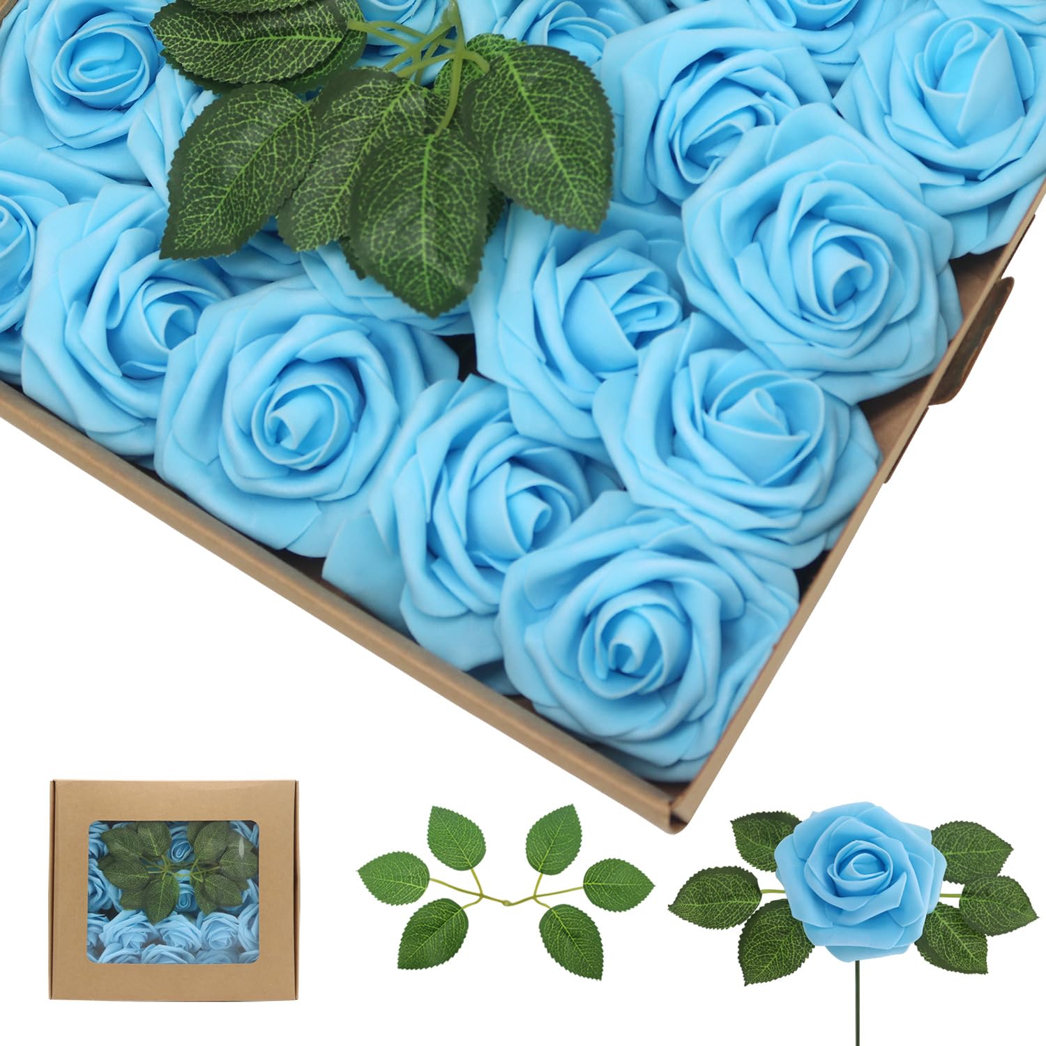 Artificial Flowers Blue Roses Real Looking Foam Fake Roses With Leaves And For Diy Wedding Bouquets Bridal Shower Centerpieces Party Decorations (50, Baby Blue)