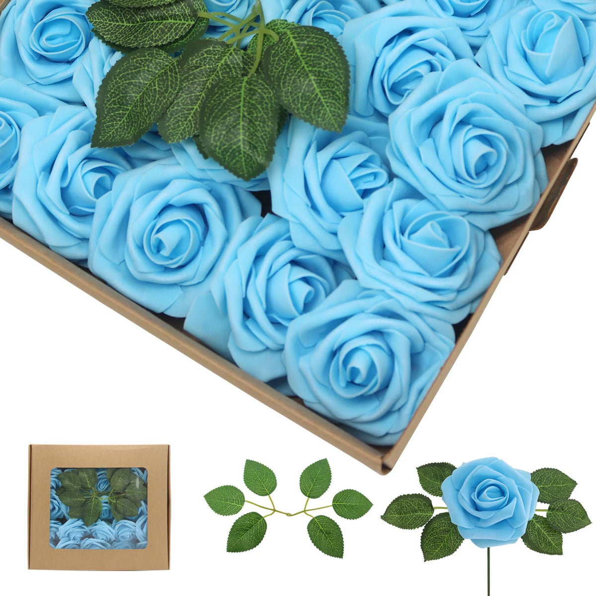 Artificial Flowers Blue Roses Real Looking Foam Fake Roses With Leaves And For Diy Wedding Bouquets Bridal Shower Centerpieces Party Decorations (50, Baby Blue)