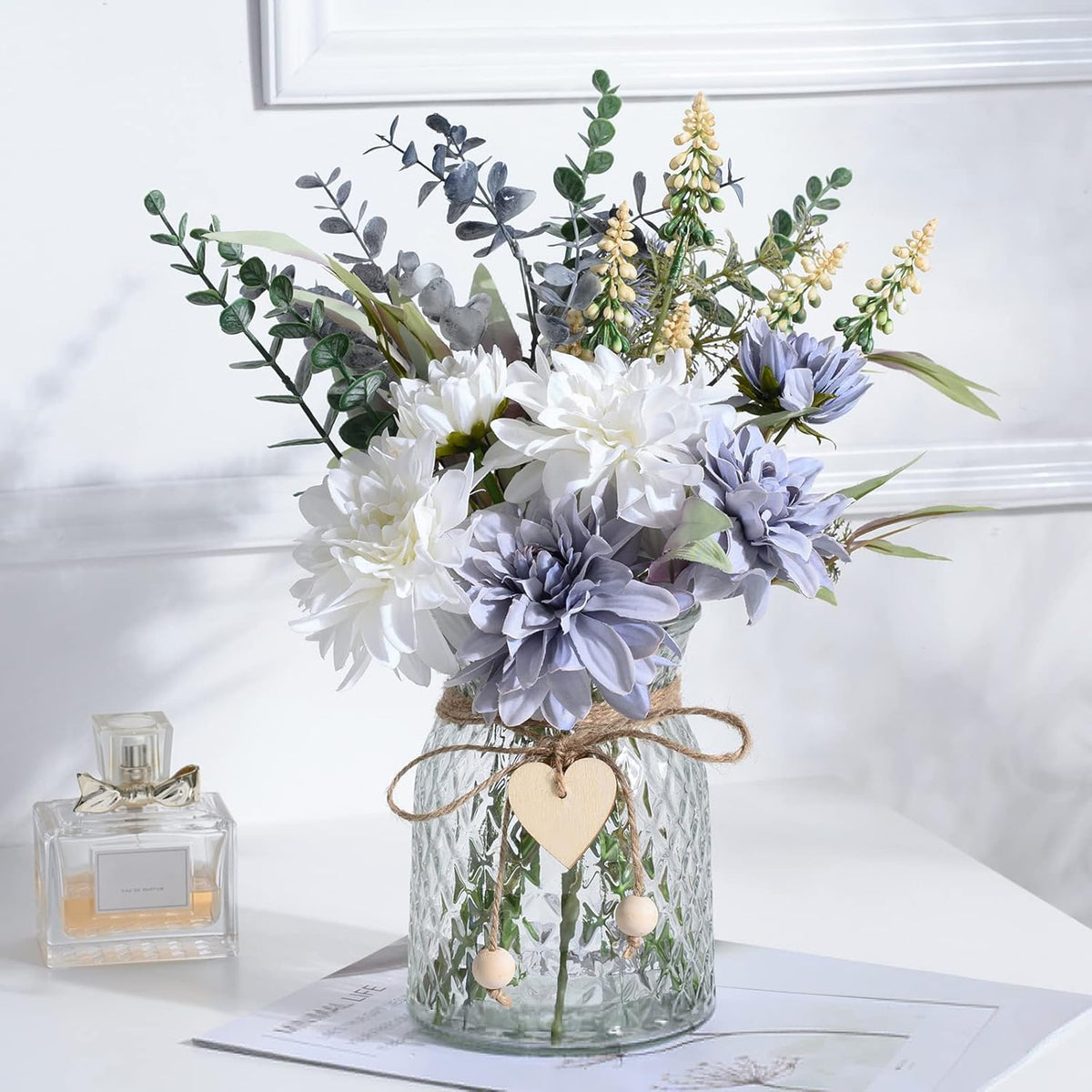 Fake Flowers Artificial Blue Flowers With Vase, Table Centerpieces For Dining Room, Silk Flower Arrangements For Home, Living Room Bathroom Plant Decor, Centerpiece Table Decorations