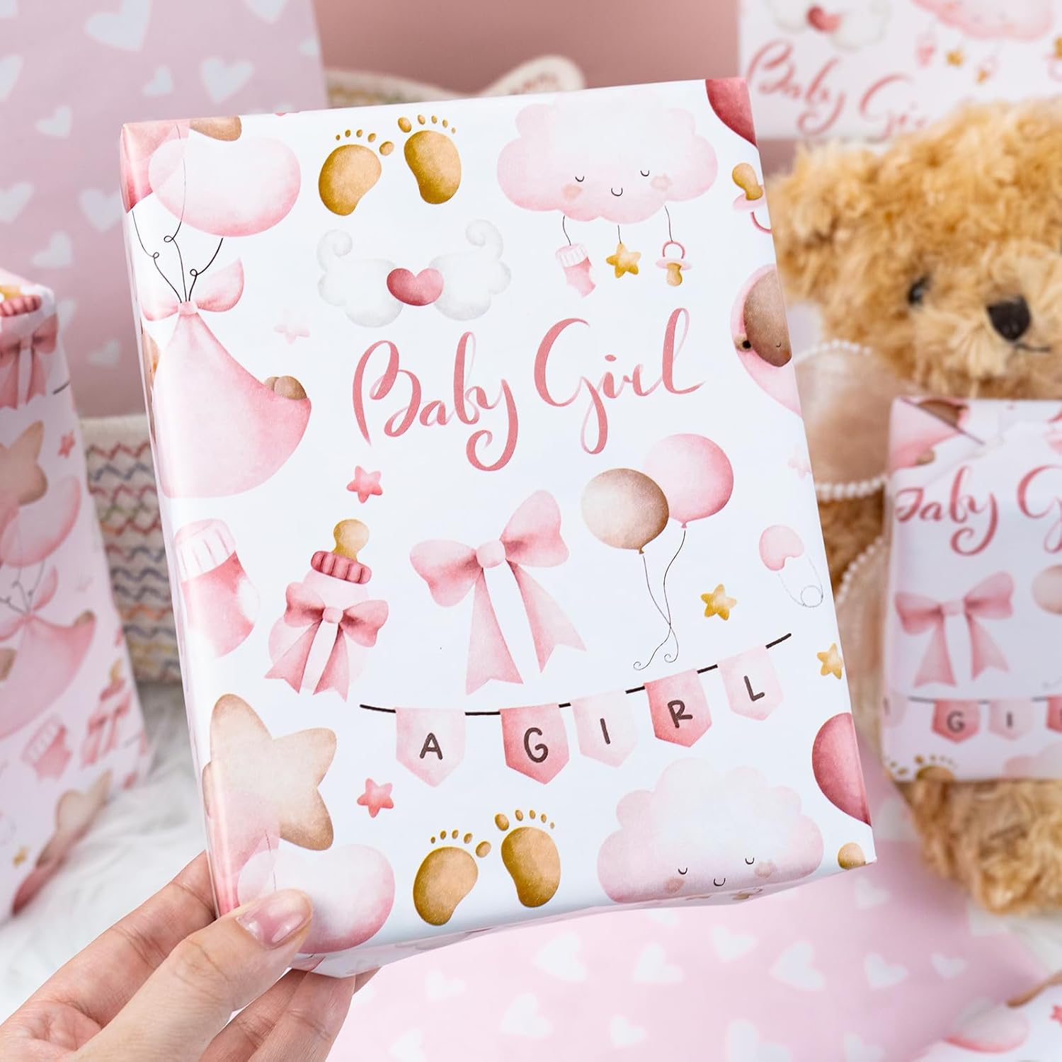 Pink Baby Wrapping Paper, Kid Gift Wrapping Papers, Adorable Pink Bear, Cloud, Balloon And Bow Pattern Baby Shower Wrapping Paper For Girl 1St Birthday, Party Celebrations(17 In X 33 Ft)