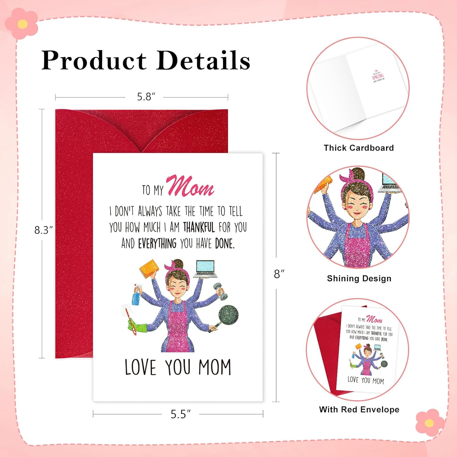 Happy Mom Birthday Card - 5.5"X8" Shining Birthday Card For Mon With Envelope Happy Mothers Day Card From Son Daughter