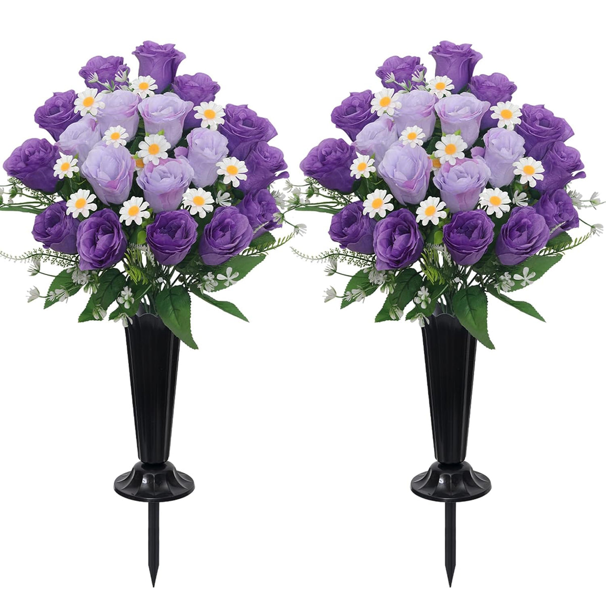 Artificial Cemetery Flowers For Grave Memorial Day Flowers For Cemetery,2Pack Artificial Silk Roses Daisy Bouquets With Cemetery Vases For Outdoor Grave Decorations ? (Purple)