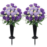 Artificial Cemetery Flowers For Grave Memorial Day Flowers For Cemetery,2Pack Artificial Silk Roses Daisy Bouquets With Cemetery Vases For Outdoor Grave Decorations ? (Purple)