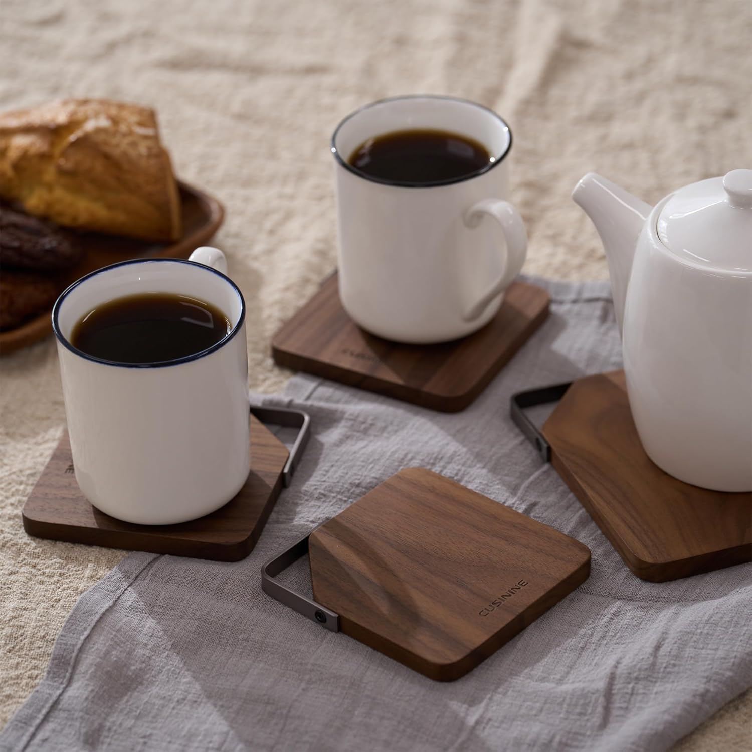 North American Black Walnut Wood Coasters For Drinks, 4 Pc. Set, Wooden Farmhouse Square Drink Coaster With Hook For Coffee Table