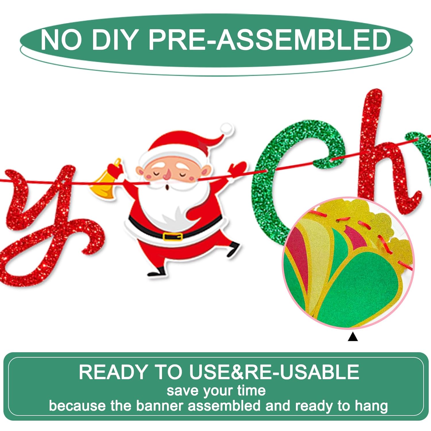 Merry Christmas Banner,Glitter Pre-Strung Red Green Gold Christmas Banner,Xmas Tree Garland For Christmas Party Decorations Supplies,Holiday Decor,Indoor,Outdoor,Home,Office, Classroom,Fireplace,Wall