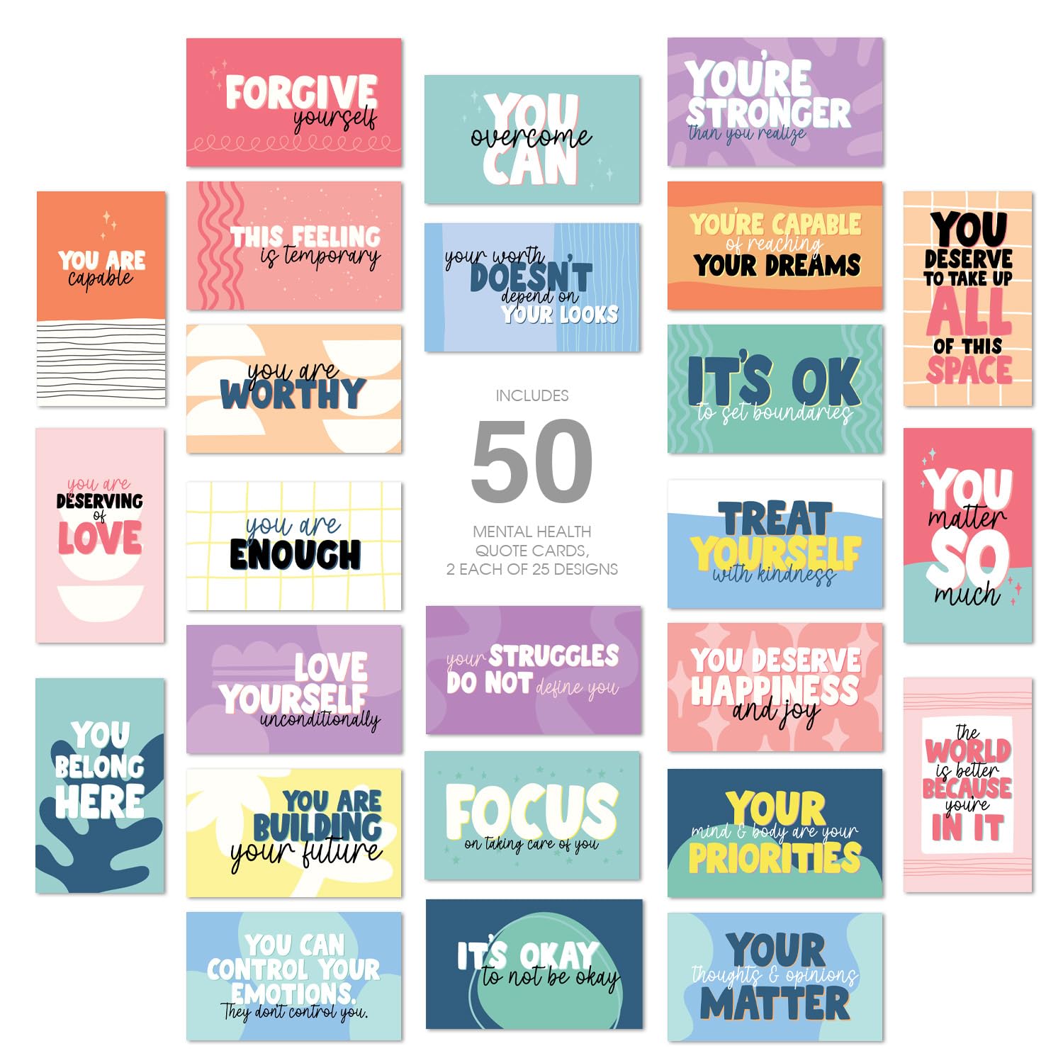 Strong Mental Health Mini Quote Cards / 50 Motivational Kindness Cards / 25 Vibrant Uplifting Designs / 2" X 3.5" Flat Business Card Size/Small Inspirational Daily Quote Cards