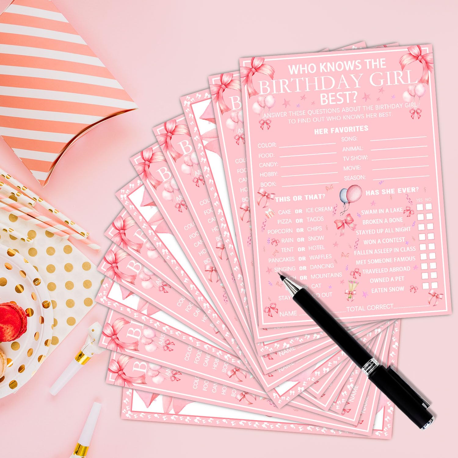 Who Knows The Birthday Girl Best, Pink Birthday Party Games For Girls, Birthday Party Games, Party Activity And Idea For The Card Game - 20 Game Cards