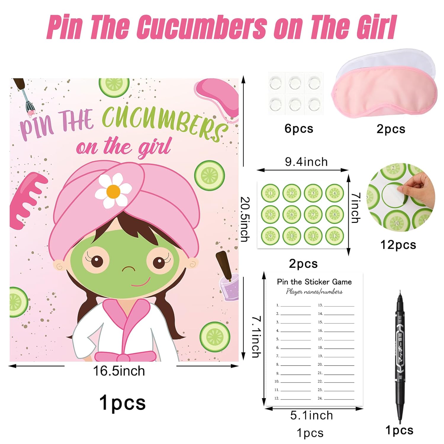 Spa Party Games Pin The Cucumbers On The Girl With Cucumber Stickers, Large Games Poster For Kids Girls Women Birthday Carnival Party Supplies