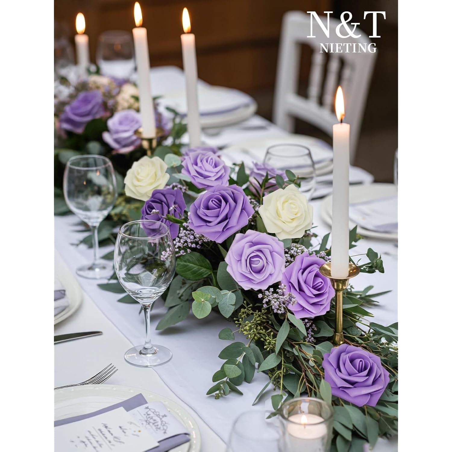 Artificial Flowers, 25Pcs Fake Flowers Rose With Stems Perfect For Diy Wedding Bridesmaid Bridal Bouquets Centerpieces Home Flower Arrangement Decoration, Series Purple