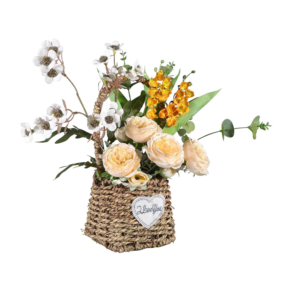 Artificial Flower Arrangement In Woven Basket With Heart Design, Wooden Woven Basket Mixed White Roses And Yellow Orchidsfor Home Decoration Dining Table Centerpiece